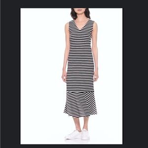 Banana Republic Navy and White Striped Sleeveless Ponte Flounce Dress
